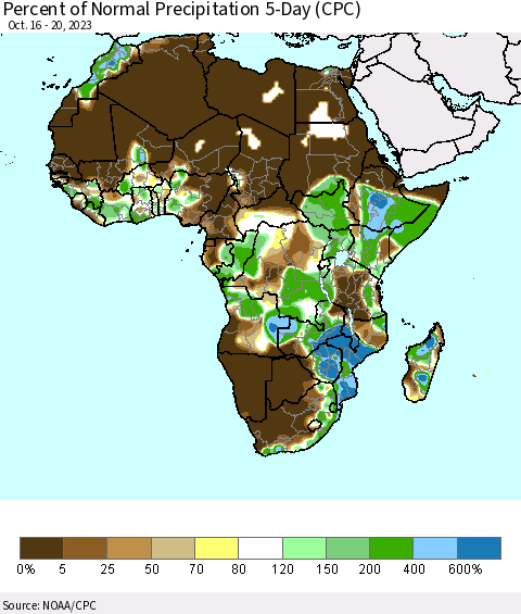 Africa Percent of Normal Precipitation 5-Day (CPC) Thematic Map For 10/16/2023 - 10/20/2023