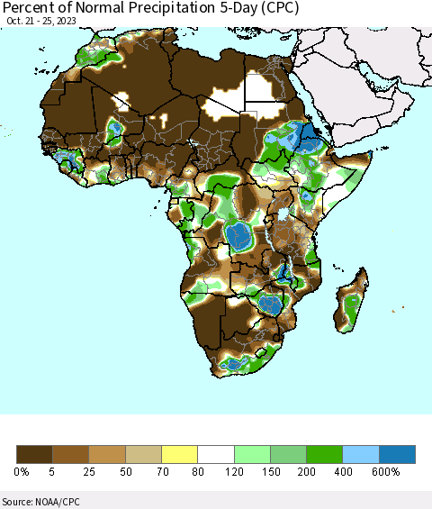 Africa Percent of Normal Precipitation 5-Day (CPC) Thematic Map For 10/21/2023 - 10/25/2023