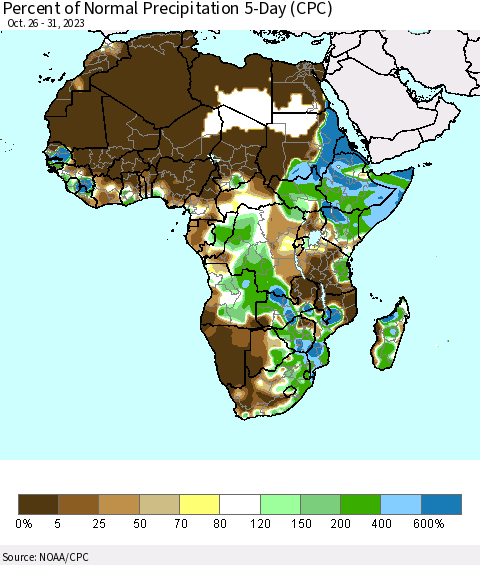 Africa Percent of Normal Precipitation 5-Day (CPC) Thematic Map For 10/26/2023 - 10/31/2023