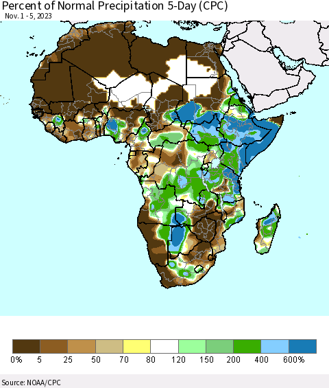Africa Percent of Normal Precipitation 5-Day (CPC) Thematic Map For 11/1/2023 - 11/5/2023