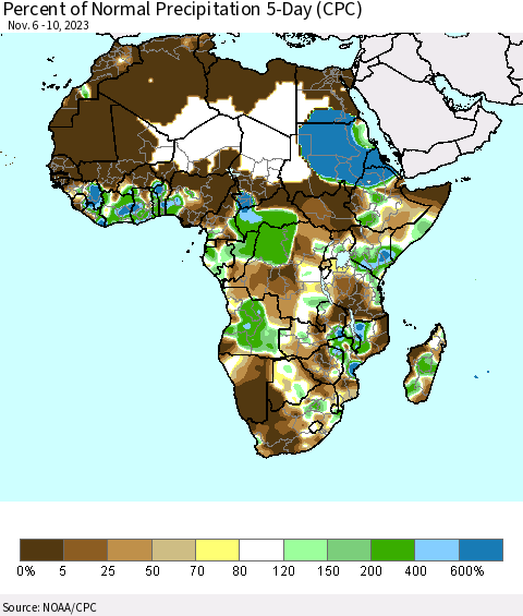 Africa Percent of Normal Precipitation 5-Day (CPC) Thematic Map For 11/6/2023 - 11/10/2023