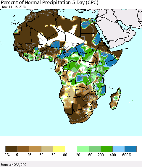 Africa Percent of Normal Precipitation 5-Day (CPC) Thematic Map For 11/11/2023 - 11/15/2023