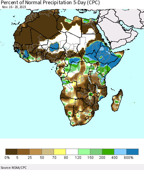 Africa Percent of Normal Precipitation 5-Day (CPC) Thematic Map For 11/16/2023 - 11/20/2023