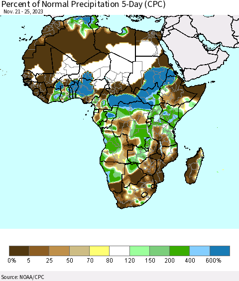Africa Percent of Normal Precipitation 5-Day (CPC) Thematic Map For 11/21/2023 - 11/25/2023