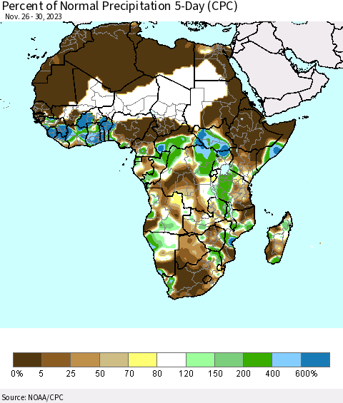 Africa Percent of Normal Precipitation 5-Day (CPC) Thematic Map For 11/26/2023 - 11/30/2023