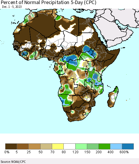 Africa Percent of Normal Precipitation 5-Day (CPC) Thematic Map For 12/1/2023 - 12/5/2023