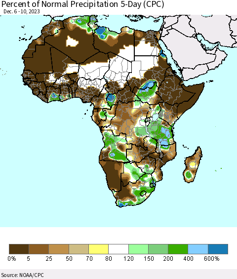 Africa Percent of Normal Precipitation 5-Day (CPC) Thematic Map For 12/6/2023 - 12/10/2023