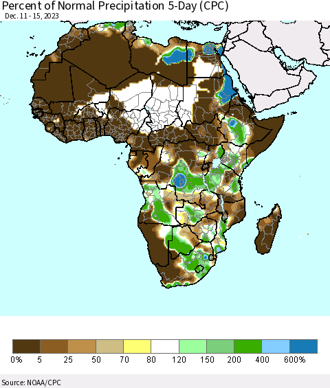 Africa Percent of Normal Precipitation 5-Day (CPC) Thematic Map For 12/11/2023 - 12/15/2023