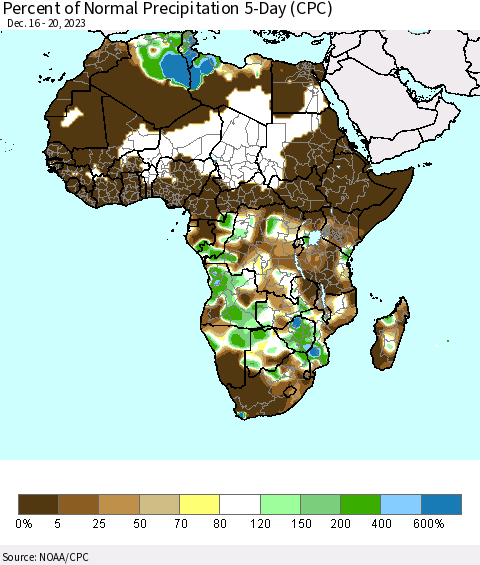 Africa Percent of Normal Precipitation 5-Day (CPC) Thematic Map For 12/16/2023 - 12/20/2023