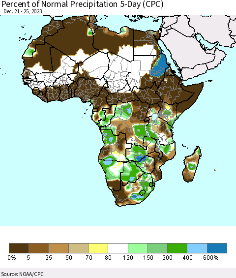 Africa Percent of Normal Precipitation 5-Day (CPC) Thematic Map For 12/21/2023 - 12/25/2023