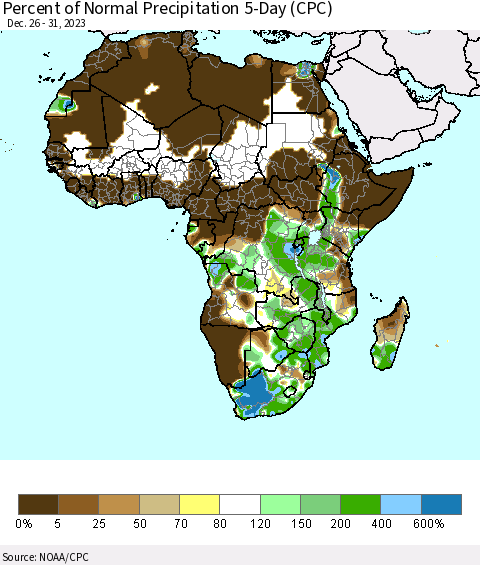 Africa Percent of Normal Precipitation 5-Day (CPC) Thematic Map For 12/26/2023 - 12/31/2023