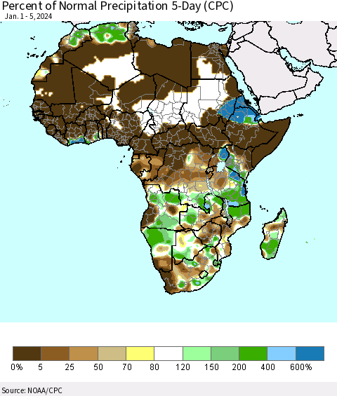 Africa Percent of Normal Precipitation 5-Day (CPC) Thematic Map For 1/1/2024 - 1/5/2024
