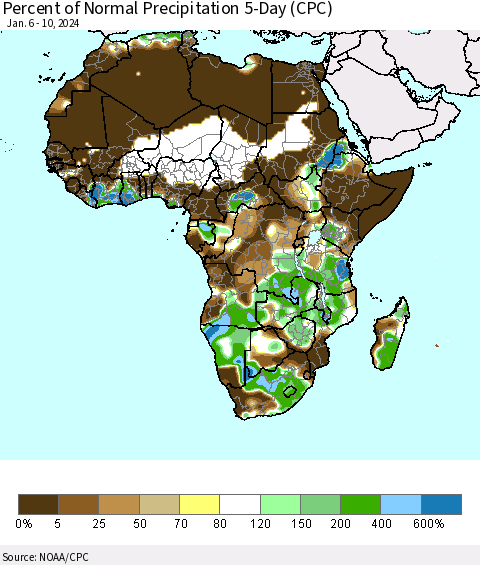 Africa Percent of Normal Precipitation 5-Day (CPC) Thematic Map For 1/6/2024 - 1/10/2024