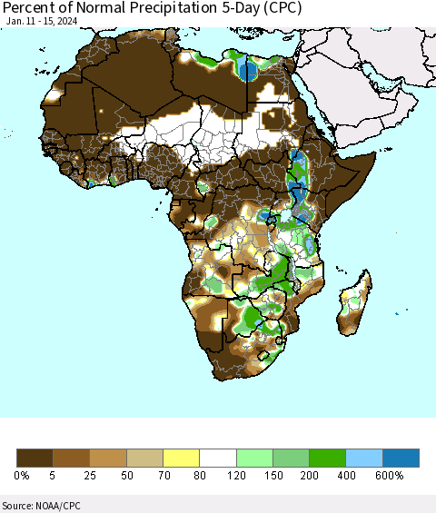 Africa Percent of Normal Precipitation 5-Day (CPC) Thematic Map For 1/11/2024 - 1/15/2024