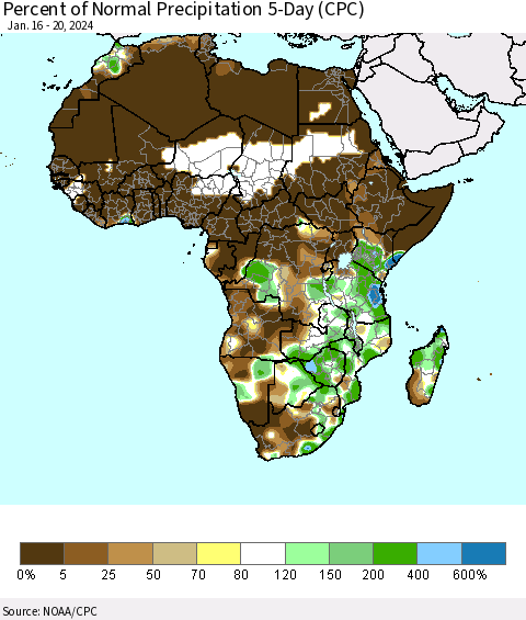 Africa Percent of Normal Precipitation 5-Day (CPC) Thematic Map For 1/16/2024 - 1/20/2024