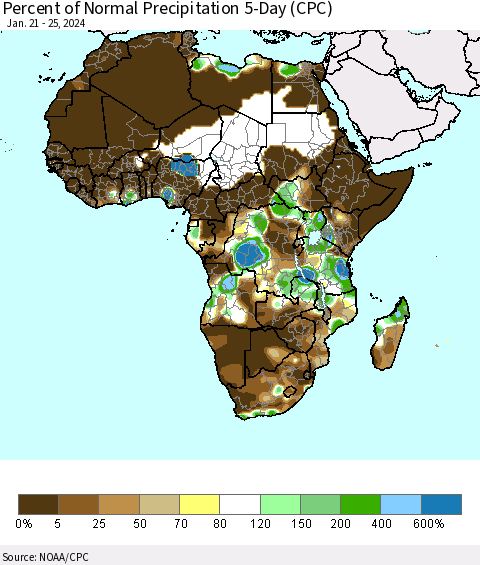 Africa Percent of Normal Precipitation 5-Day (CPC) Thematic Map For 1/21/2024 - 1/25/2024