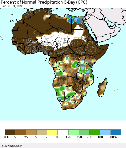 Africa Percent of Normal Precipitation 5-Day (CPC) Thematic Map For 1/26/2024 - 1/31/2024