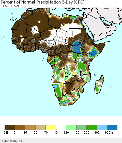 Africa Percent of Normal Precipitation 5-Day (CPC) Thematic Map For 2/1/2024 - 2/5/2024