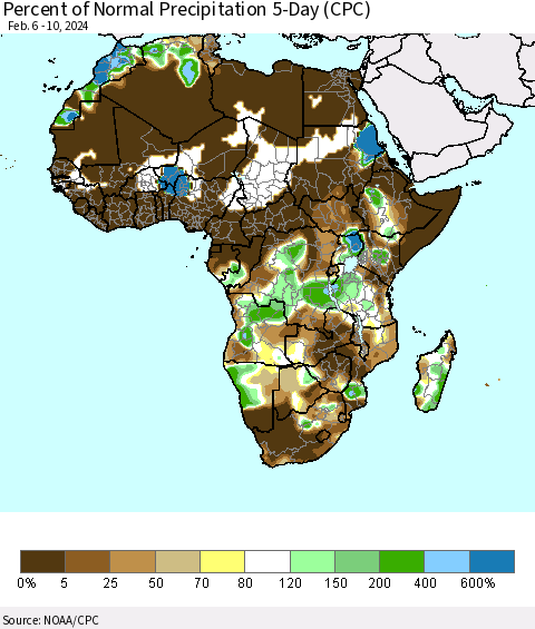 Africa Percent of Normal Precipitation 5-Day (CPC) Thematic Map For 2/6/2024 - 2/10/2024