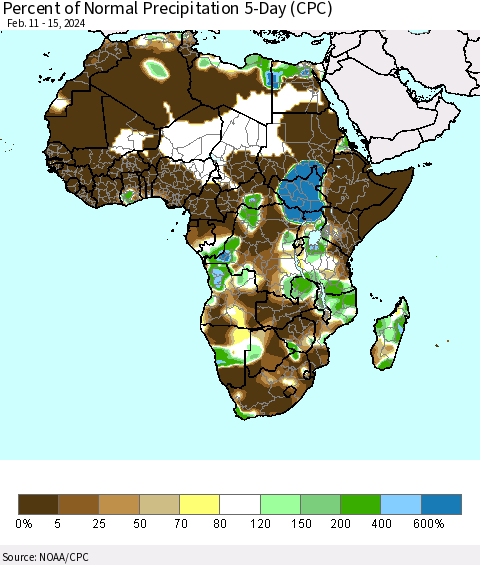 Africa Percent of Normal Precipitation 5-Day (CPC) Thematic Map For 2/11/2024 - 2/15/2024