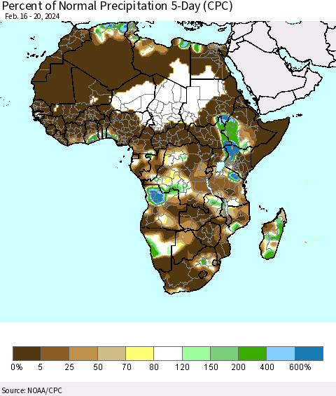 Africa Percent of Normal Precipitation 5-Day (CPC) Thematic Map For 2/16/2024 - 2/20/2024