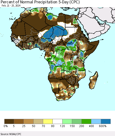 Africa Percent of Normal Precipitation 5-Day (CPC) Thematic Map For 2/21/2024 - 2/25/2024