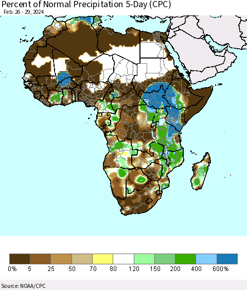 Africa Percent of Normal Precipitation 5-Day (CPC) Thematic Map For 2/26/2024 - 2/29/2024