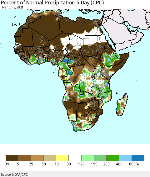 Africa Percent of Normal Precipitation 5-Day (CPC) Thematic Map For 3/1/2024 - 3/5/2024