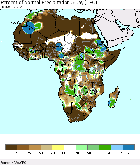 Africa Percent of Normal Precipitation 5-Day (CPC) Thematic Map For 3/6/2024 - 3/10/2024