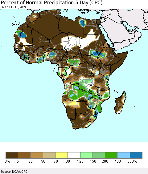 Africa Percent of Normal Precipitation 5-Day (CPC) Thematic Map For 3/11/2024 - 3/15/2024