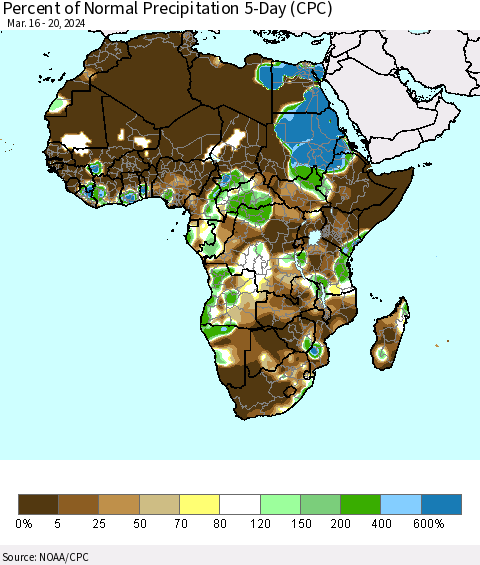 Africa Percent of Normal Precipitation 5-Day (CPC) Thematic Map For 3/16/2024 - 3/20/2024