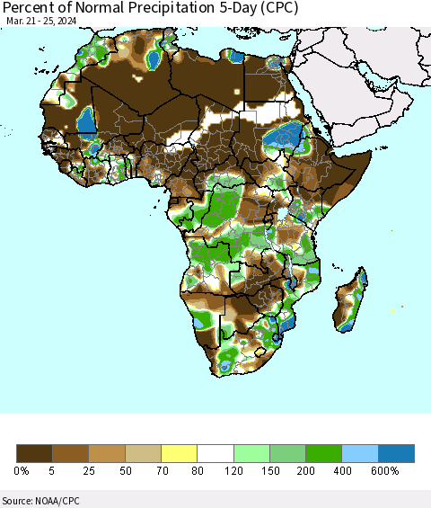 Africa Percent of Normal Precipitation 5-Day (CPC) Thematic Map For 3/21/2024 - 3/25/2024