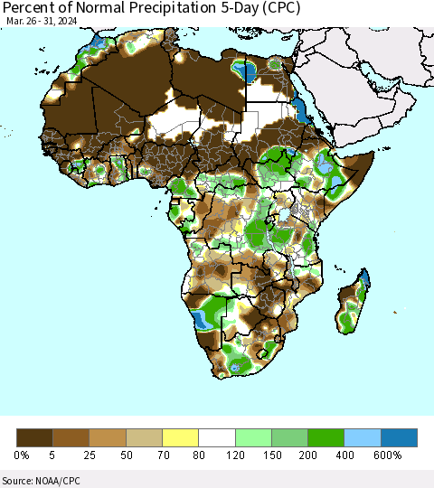 Africa Percent of Normal Precipitation 5-Day (CPC) Thematic Map For 3/26/2024 - 3/31/2024