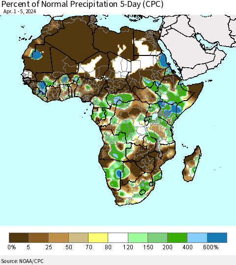 Africa Percent of Normal Precipitation 5-Day (CPC) Thematic Map For 4/1/2024 - 4/5/2024