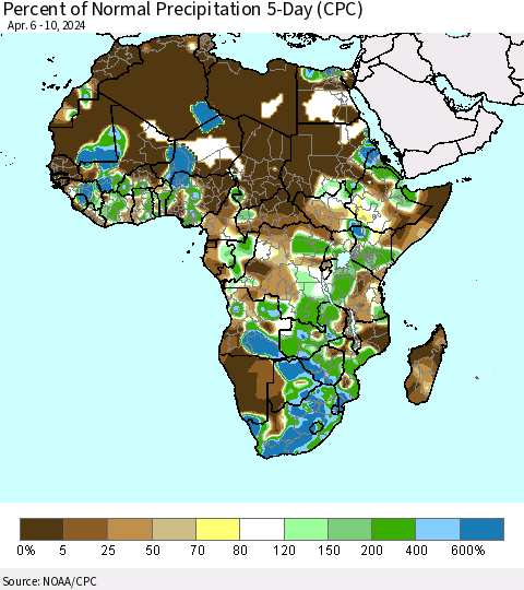 Africa Percent of Normal Precipitation 5-Day (CPC) Thematic Map For 4/6/2024 - 4/10/2024