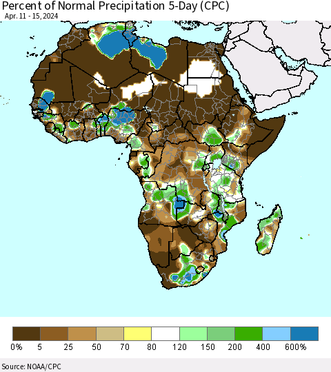 Africa Percent of Normal Precipitation 5-Day (CPC) Thematic Map For 4/11/2024 - 4/15/2024