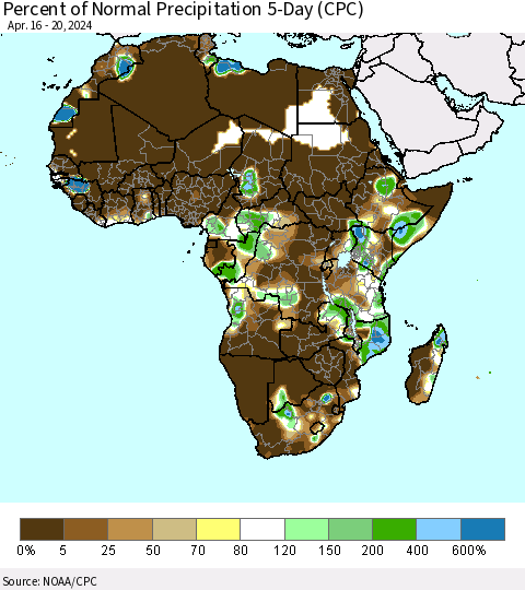 Africa Percent of Normal Precipitation 5-Day (CPC) Thematic Map For 4/16/2024 - 4/20/2024
