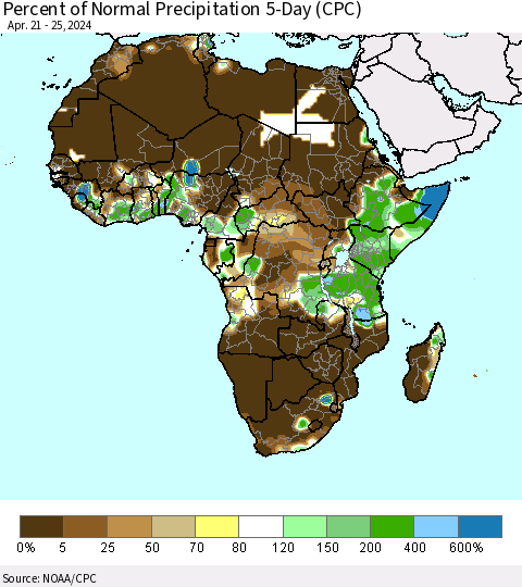 Africa Percent of Normal Precipitation 5-Day (CPC) Thematic Map For 4/21/2024 - 4/25/2024