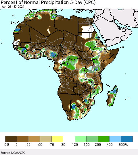 Africa Percent of Normal Precipitation 5-Day (CPC) Thematic Map For 4/26/2024 - 4/30/2024