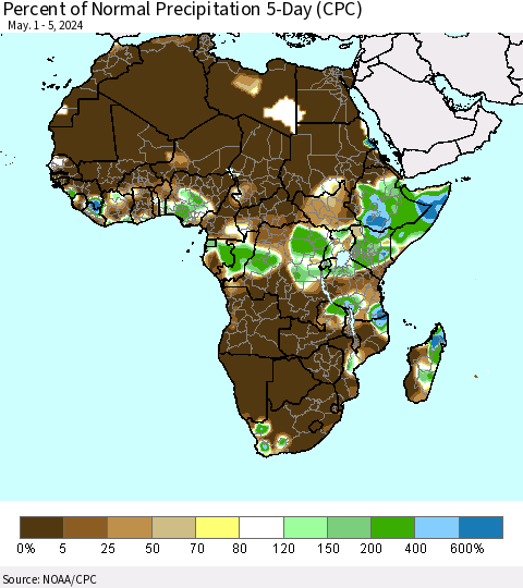 Africa Percent of Normal Precipitation 5-Day (CPC) Thematic Map For 5/1/2024 - 5/5/2024