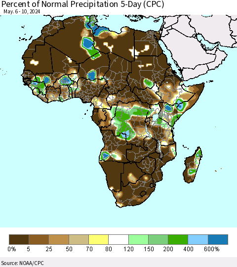 Africa Percent of Normal Precipitation 5-Day (CPC) Thematic Map For 5/6/2024 - 5/10/2024