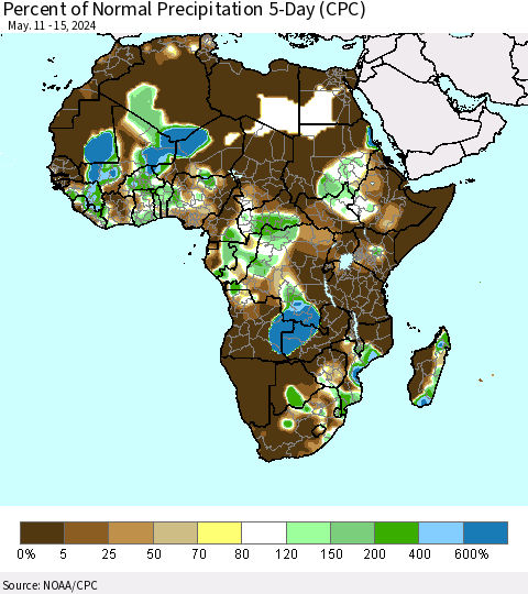Africa Percent of Normal Precipitation 5-Day (CPC) Thematic Map For 5/11/2024 - 5/15/2024