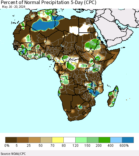 Africa Percent of Normal Precipitation 5-Day (CPC) Thematic Map For 5/16/2024 - 5/20/2024