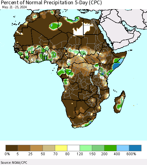 Africa Percent of Normal Precipitation 5-Day (CPC) Thematic Map For 5/21/2024 - 5/25/2024