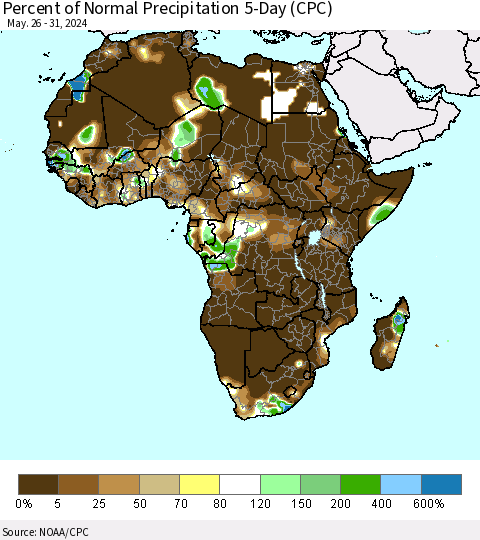Africa Percent of Normal Precipitation 5-Day (CPC) Thematic Map For 5/26/2024 - 5/31/2024
