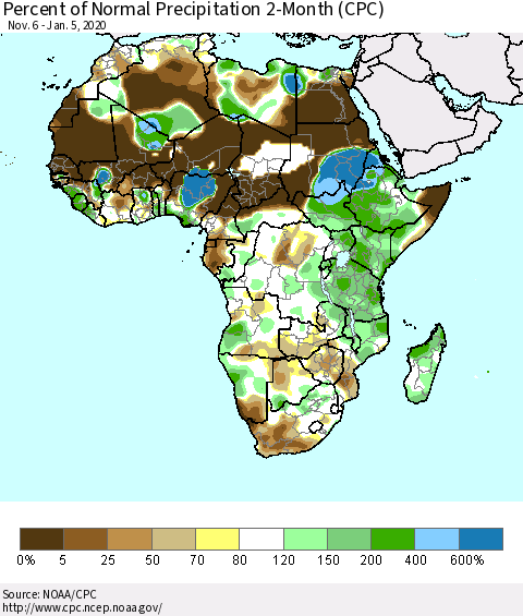 Africa Percent of Normal Precipitation 2-Month (CPC) Thematic Map For 11/6/2019 - 1/5/2020
