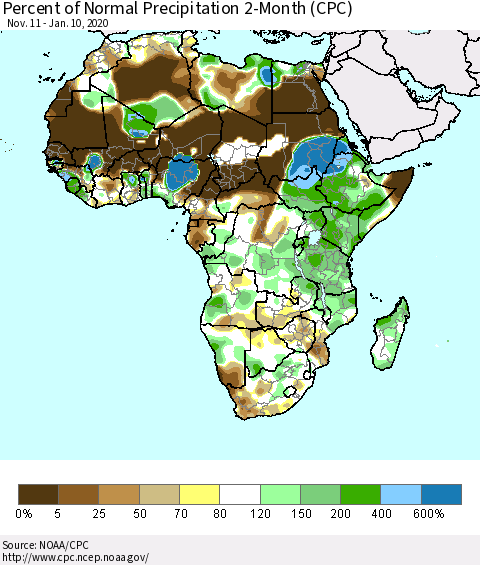 Africa Percent of Normal Precipitation 2-Month (CPC) Thematic Map For 11/11/2019 - 1/10/2020