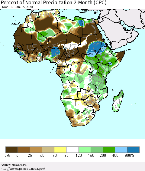 Africa Percent of Normal Precipitation 2-Month (CPC) Thematic Map For 11/16/2019 - 1/15/2020
