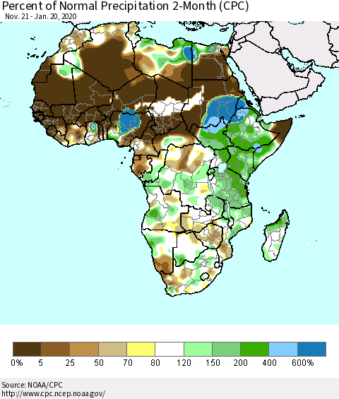 Africa Percent of Normal Precipitation 2-Month (CPC) Thematic Map For 11/21/2019 - 1/20/2020