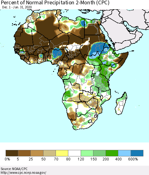 Africa Percent of Normal Precipitation 2-Month (CPC) Thematic Map For 12/1/2019 - 1/31/2020